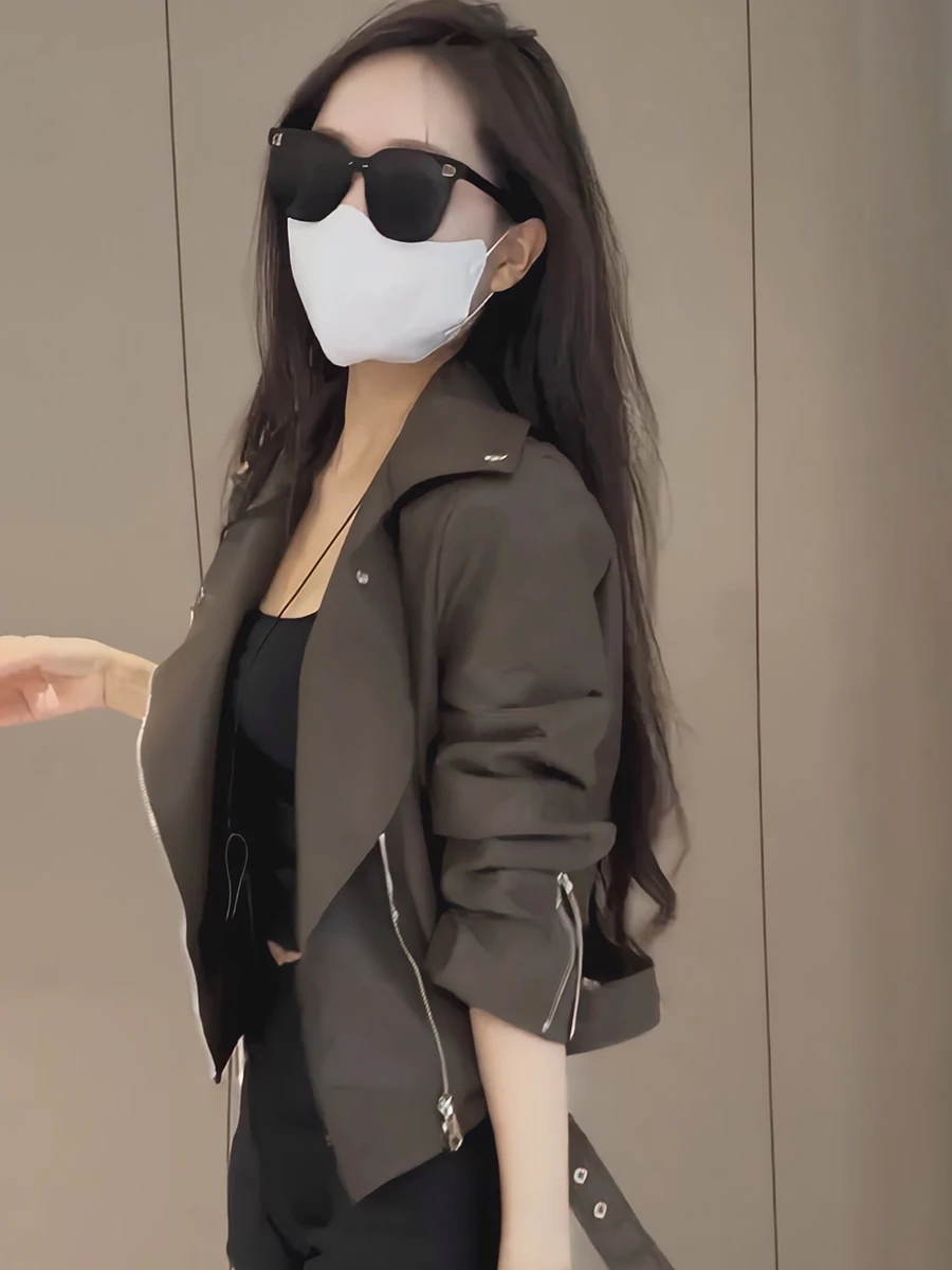 Retro Workwear lub Kurtka ze skóry PU Damska Wiosna 2026 Nowa Elegancka Luźna Uniwersalna Uliczna Bluzka Zapinana na Zamek