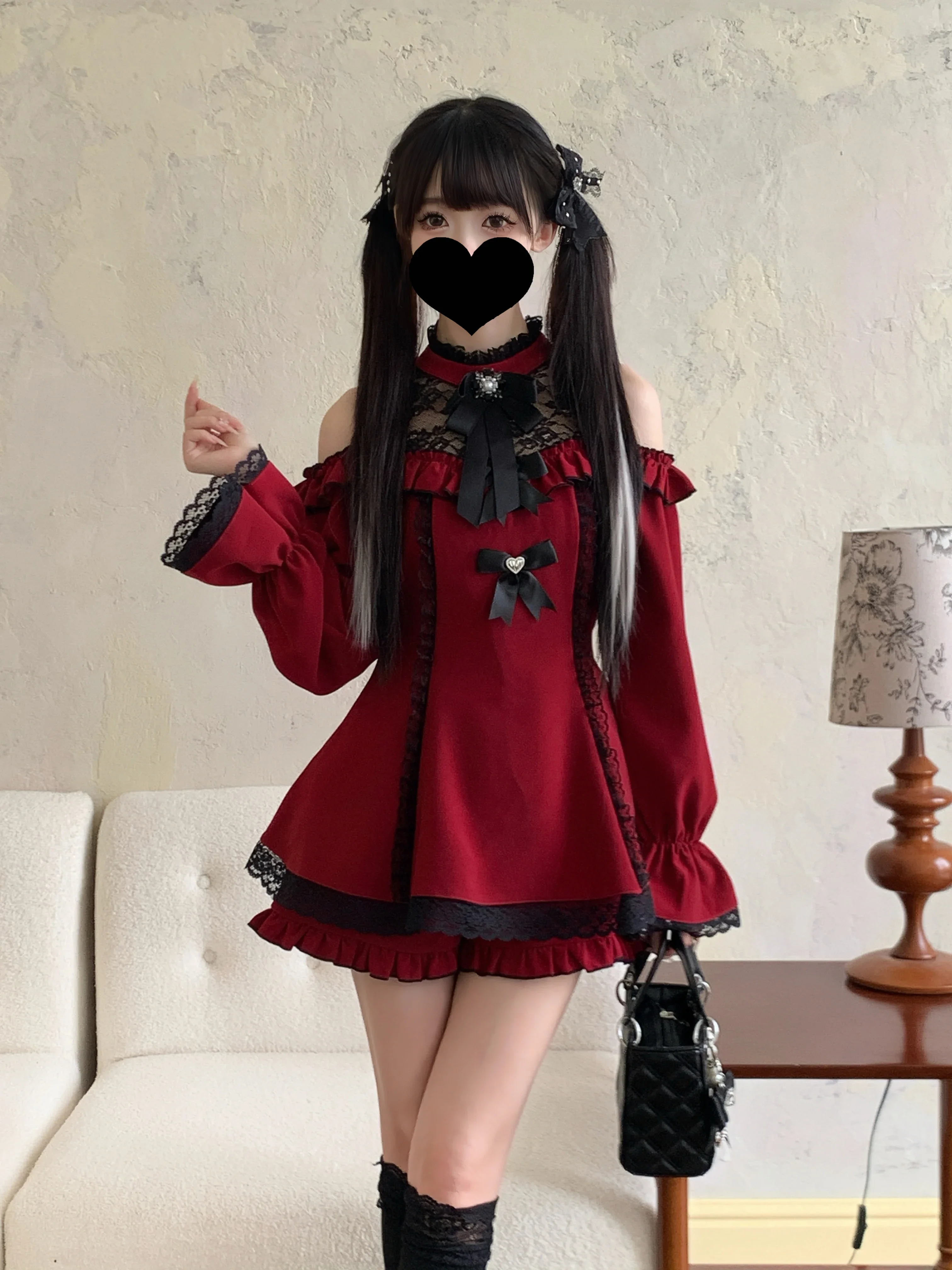 Japanese Style Mass Production Autumn New Off Shoulder Sweet Bow Long Sleeve Shirt Dress and Shorts Two Piece Set Lolita Outfits