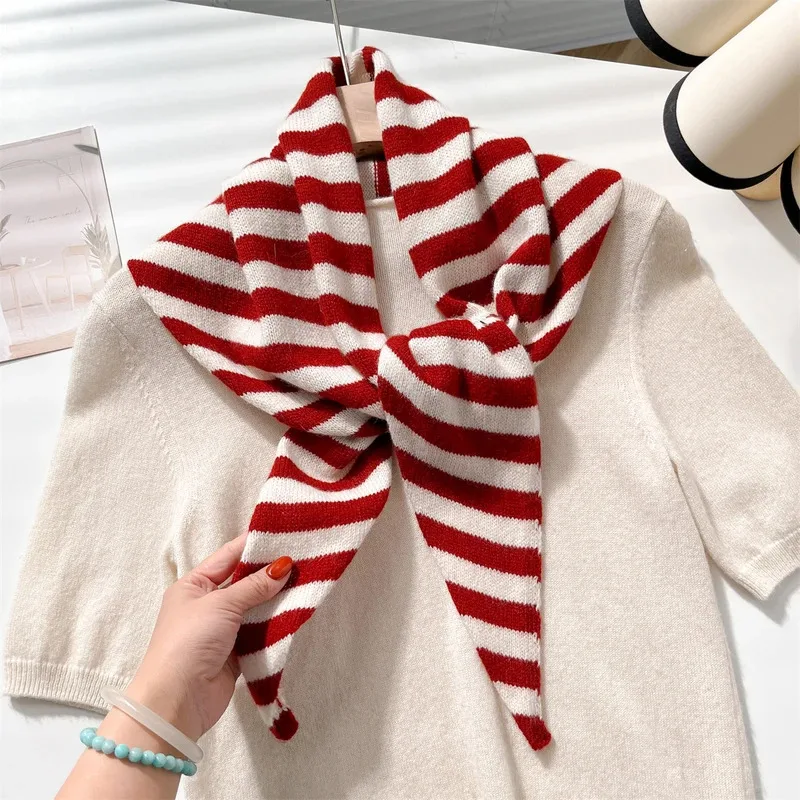 

British Korean Triangle Scarf Stripe Imitation Wool Triangular Scarf Women Headscarf Knitted Scarf Multifunctional Warm Knitted