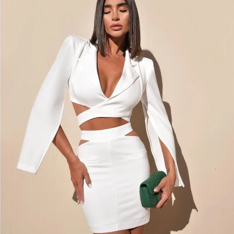 2024 Fashion Sexy Notched Collar Hollow Out Jacket Office Ladies Slim Chic Long Sleeve White Blazer Skirt Set Women Outfits