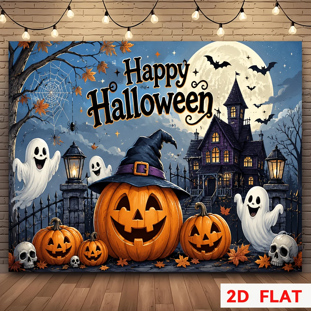 1pc 2D Flat Halloween Themed Party Banner Jack‑O'‑Lantern Ghost Bat Haunted House Pattern Indoor Outdoor Wall Decor Photo Backdr