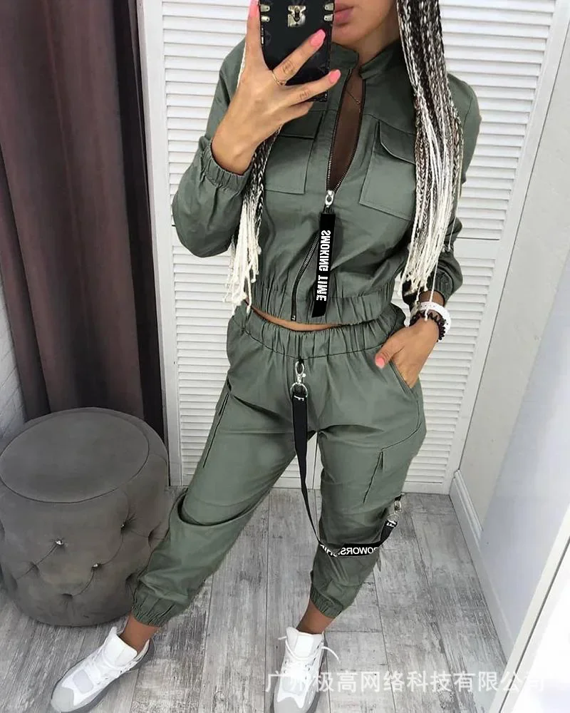 New Women Fashion Casual Autumn Winter 2pcs Clothes Set Pockets Zipper Long Sleeve Top Elastic Waist Pants Cargo Solid Color