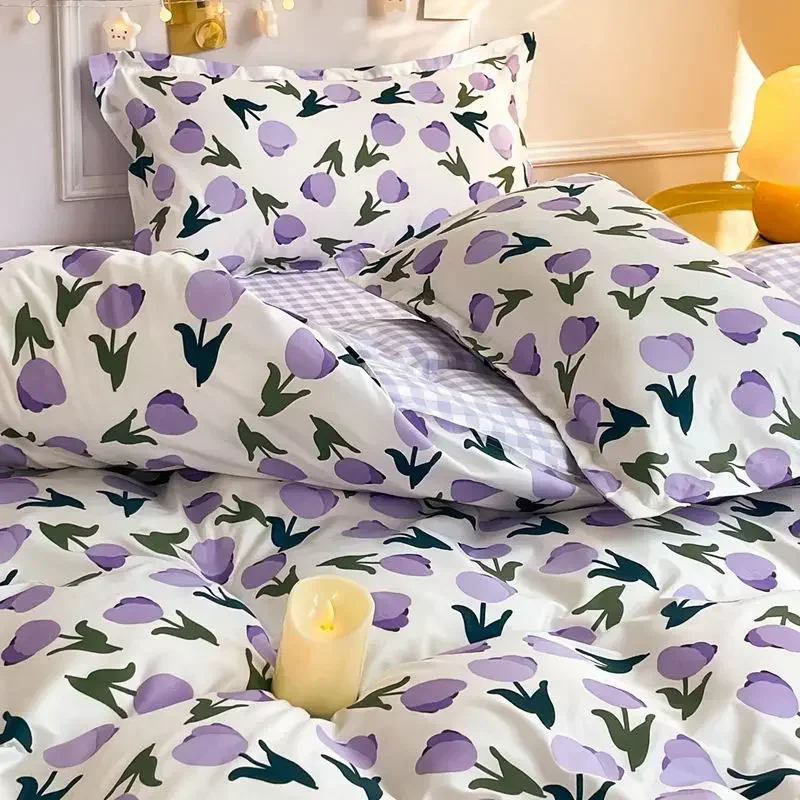 Floral Bedding Set Purple Tulips Ins Single Queen Size Duvet Cover No Filler Flat Sheet Pillowcase Home Hotel Bed Linens