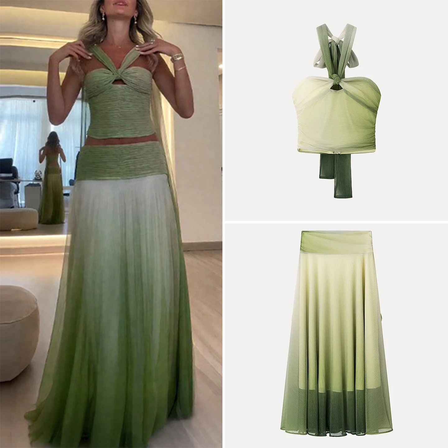 

Summer 2025 Women's Faion adient Color Print ter Skirt Set Ele Sle Polyester Fiber ort Sve V-Ne Long Pants