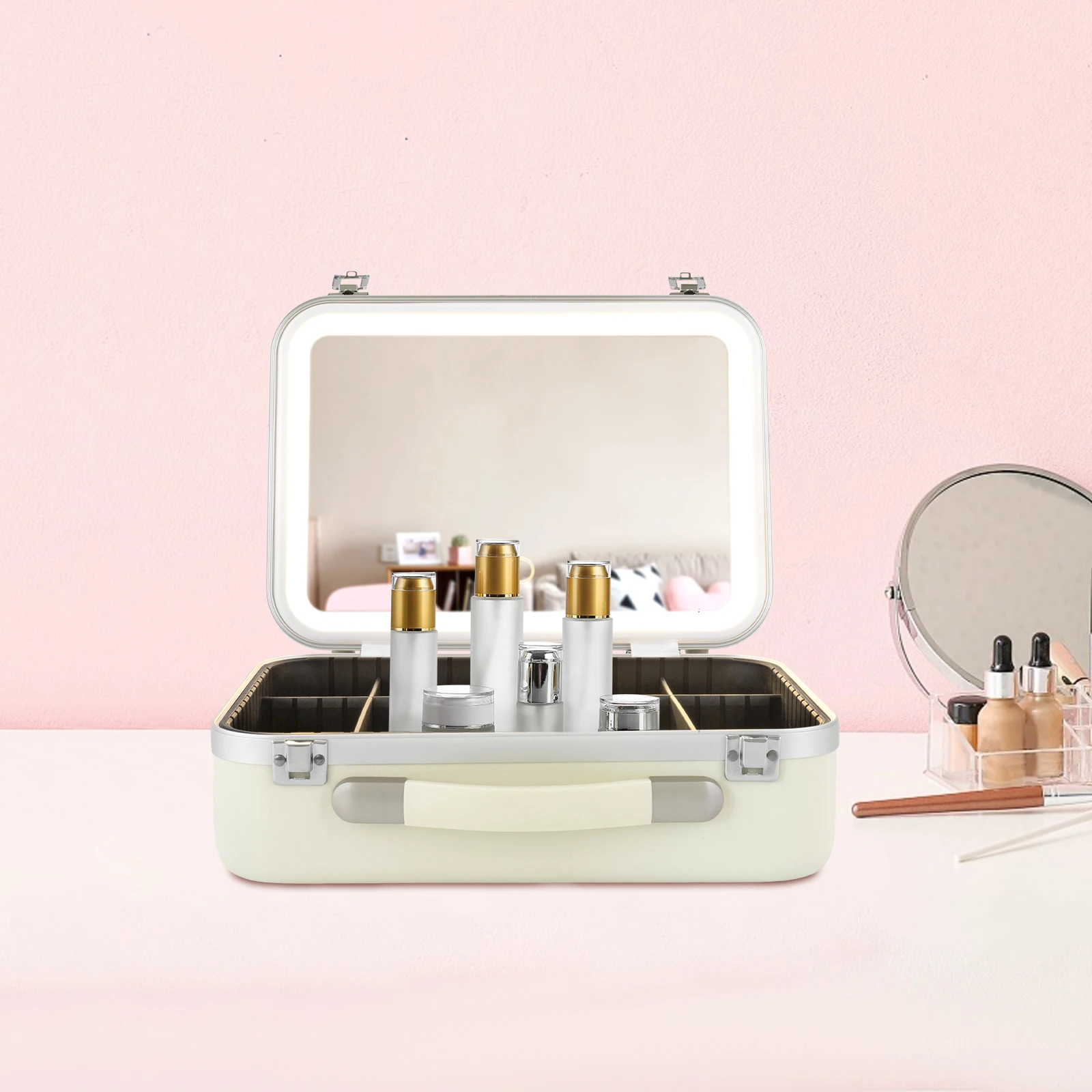 White Makeup Organizer Box with Upgraded Halogen Light and Mirror - Premium Cosmetic Storage Case