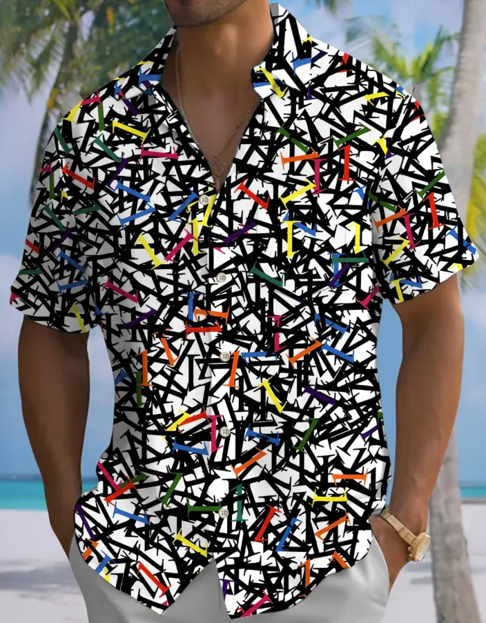

2026 Summer Men's New Hawaiian Shirt Trendy Line Printed Short Sleeve Summer Leisure Seaside Vacation Style Large T-shirt