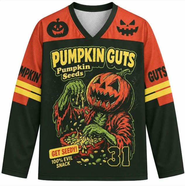Halloween Pumpkin Guts Hockey Jersey Men Women Retro Horror Pumpkin Monster Print V Neck Long Sleeve Sports Jersey