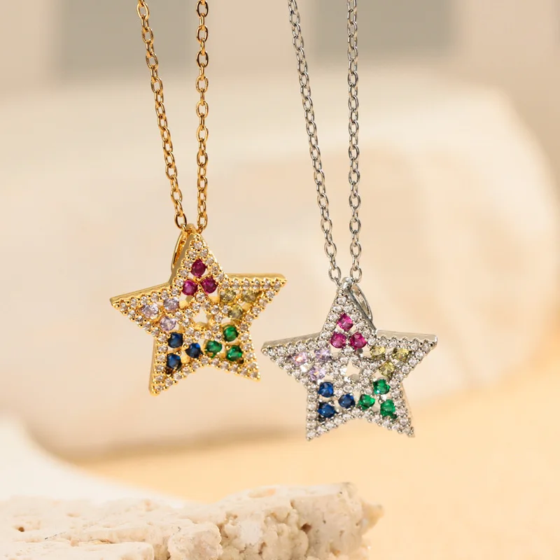 Product Fully Inlaid with Colorful Zirconium Hollow Texture Pentagram Pendant, Fashionable, Personalized and Trendy Accessory