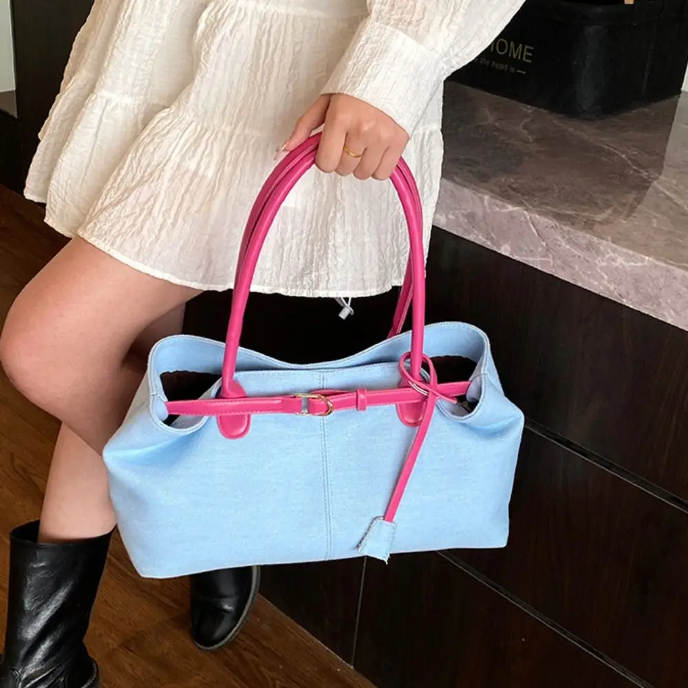 

Casual Hasp Closure Denim Shoulder Bag Elegant Patchwork Color Vintage Armpit Bag PU Large Capacity Casual Tote Bag Travel