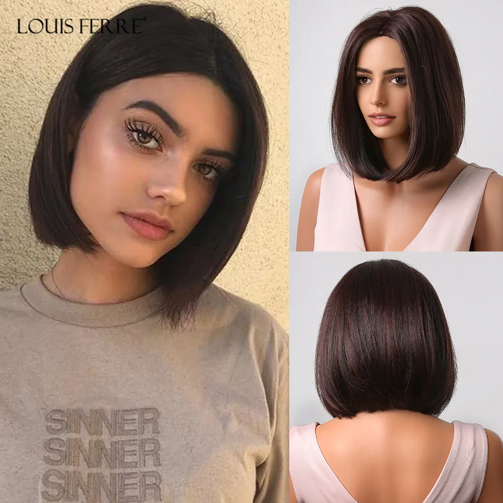 LOUIS FERRE Short Bob Brown Synthetic Wigs Dark Brown Straight Cut Wig Shoulder Length Daily Natural Cute Hair High Temperature