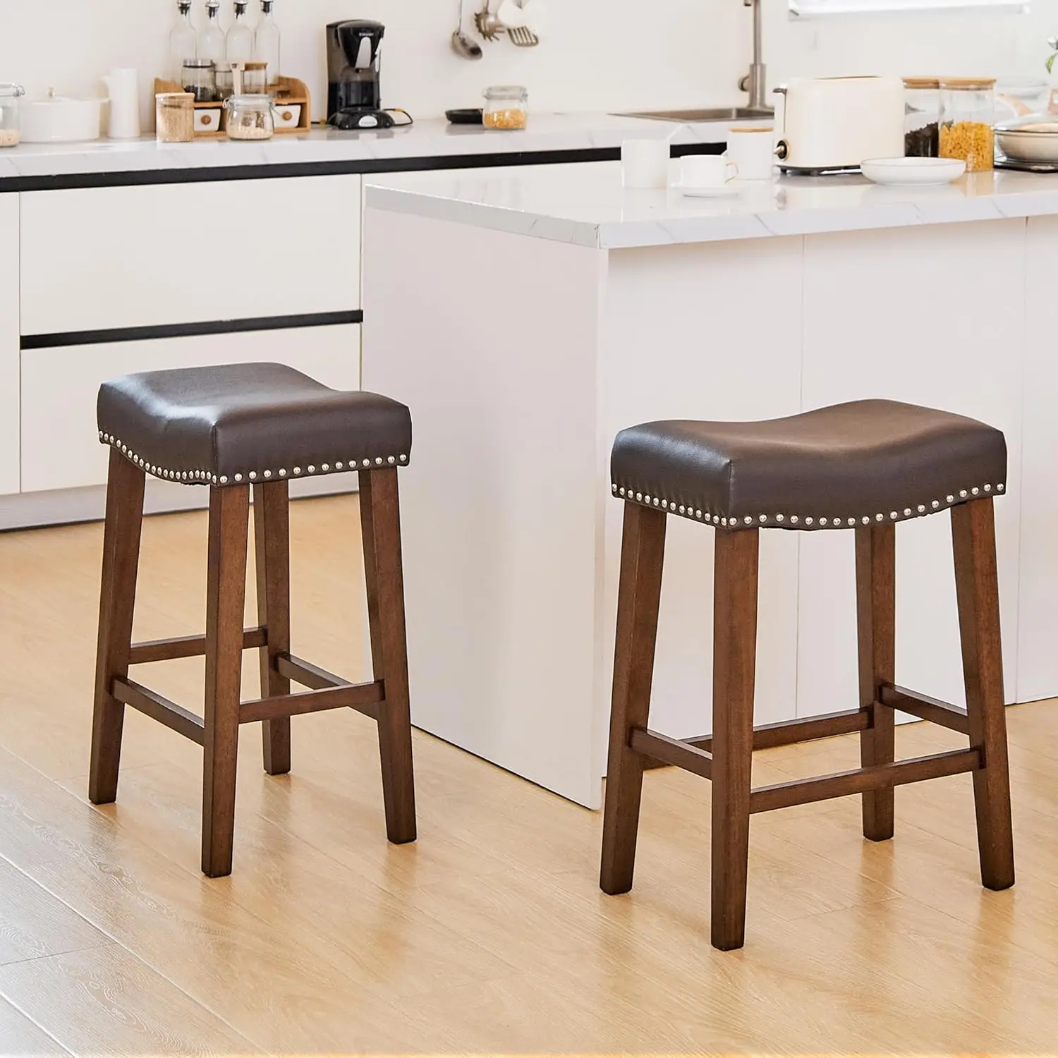 

Counter Height Bar Stools Set Of 2 - Backl Barstools With 4.3"" Thi Upholstered, Nailhead Trim Faux Leather & Solid Wood Legs,