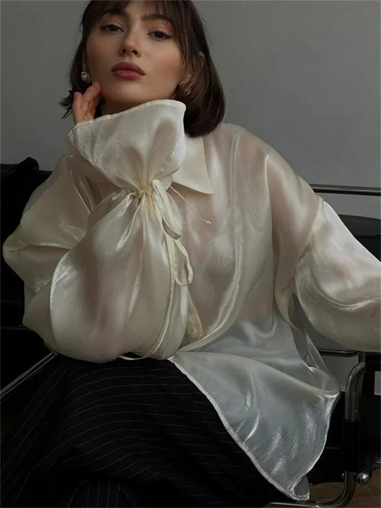 Tossy Casual Loose See-Through Shirts Coat Female Lapel Long Sleeve Lace-Up 2025 Summer Outwear Women's Solid Patchwork Blouse
