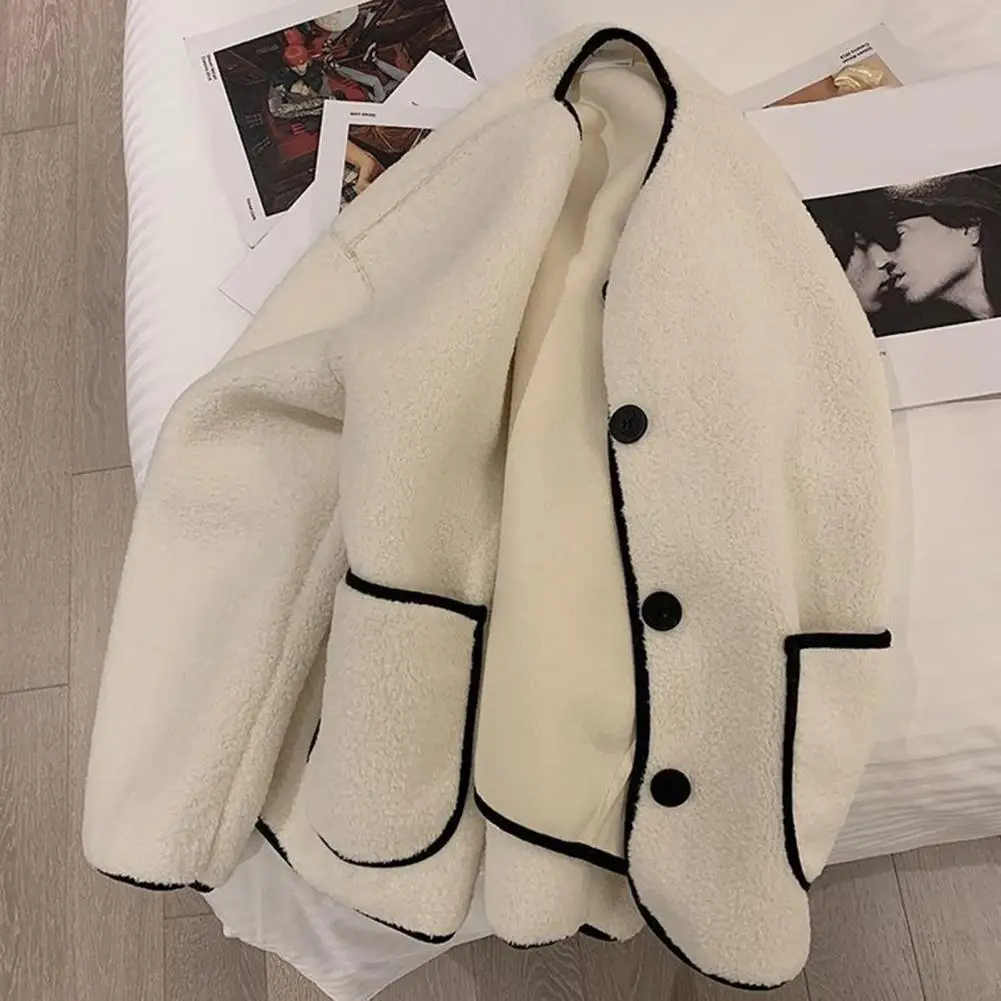 Women Fall Winter Jacket Round Neck Single-breasted Lady Coat Warm Cold Resistant Color Matching Buttons Cardigan Lady Coat