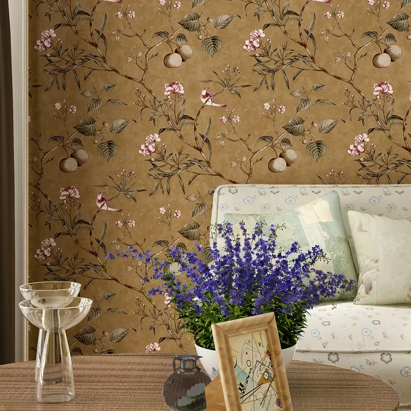 American Rural non-woven wallpaper retro AB version of apple tree flowers and birds bedroom living room TV background wallpaper