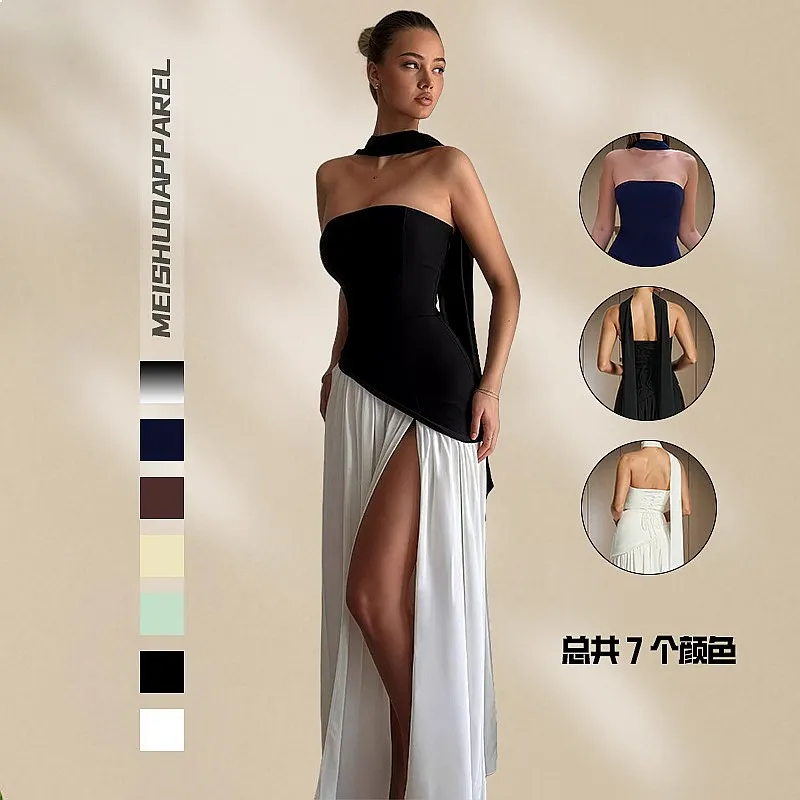 Elegant Irregular Strapless Bandage Dress Women Summer Chic Slit Maxi Dress Dresses