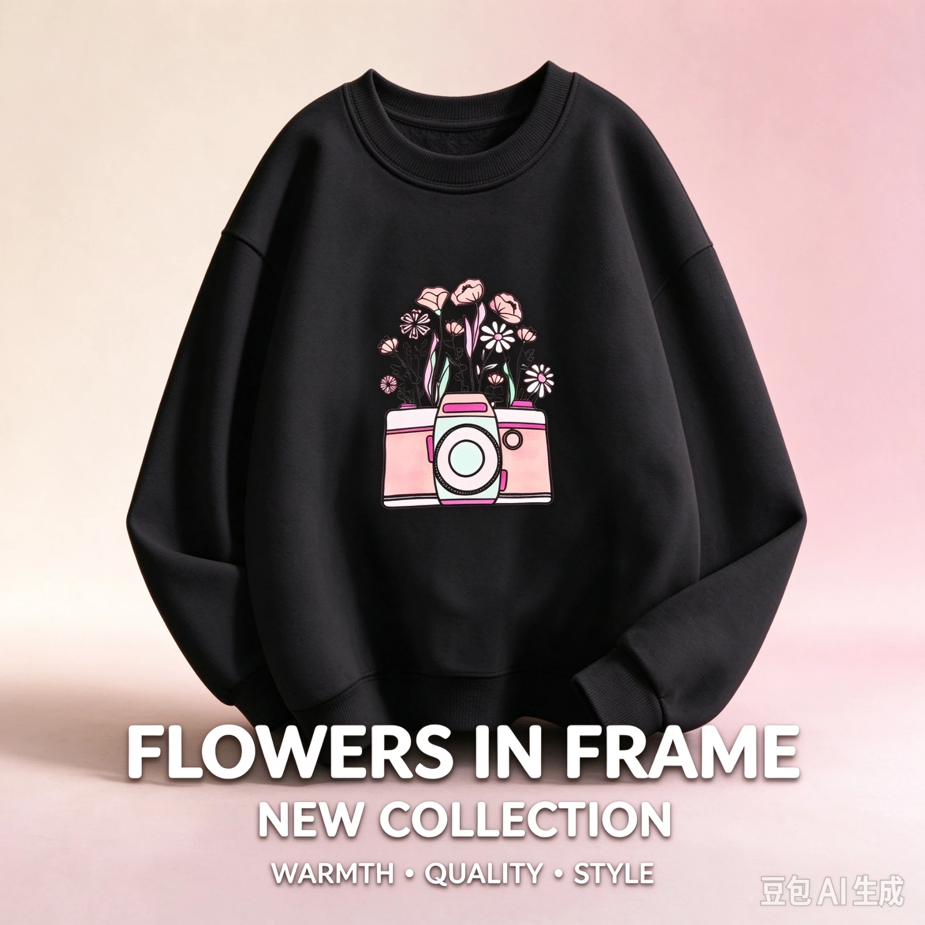 FLOWERS IN FRAME Camera Print Crewneck Sweatshirt  Kids Pullover Top
