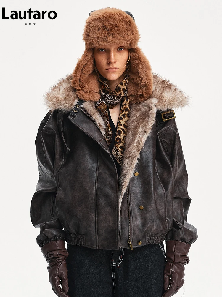 Lautaro Autumn Winter Cool Oversized Short Quilted Warm Vintage Distressed Brown Pu Leather Jacket Women with Faux Fur Collar