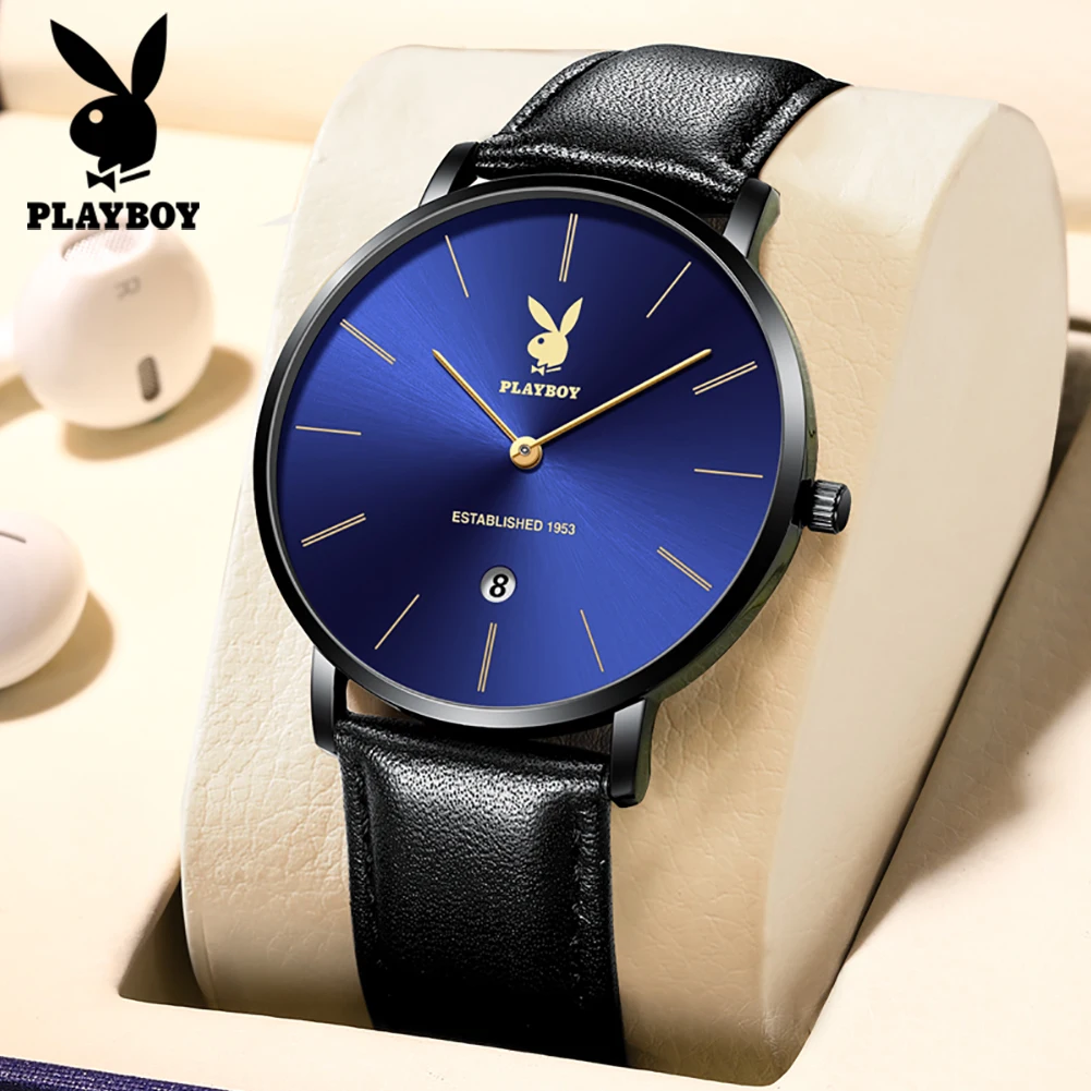 PLAYBOY High Quality Waterproof Watch For Men Fashion Genuine Leather Strap Men Quartz Wristwatches Luxury Calendar Male Watch