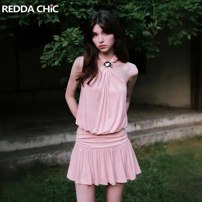 REDDACHiC Women Halter Top Ruffle Skirt Two-piece Set Vacation Off Shoulder Camisole Shirring Mini Skirt Lounge Summer Clothes