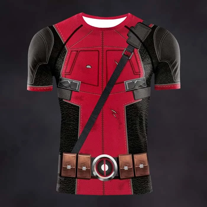 Nouvelle collection été 2026 : Tenue d'entraînement fitness homme rouge et noir effet usé # Deadpool #   T-shirt de sport d'extérieur à manches courtes tendance