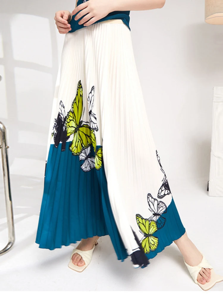 

2022 Summer New Pleated Skirts Printing Elegant Temperament High Waist Knee-length Loose Big Size Fashion Trend