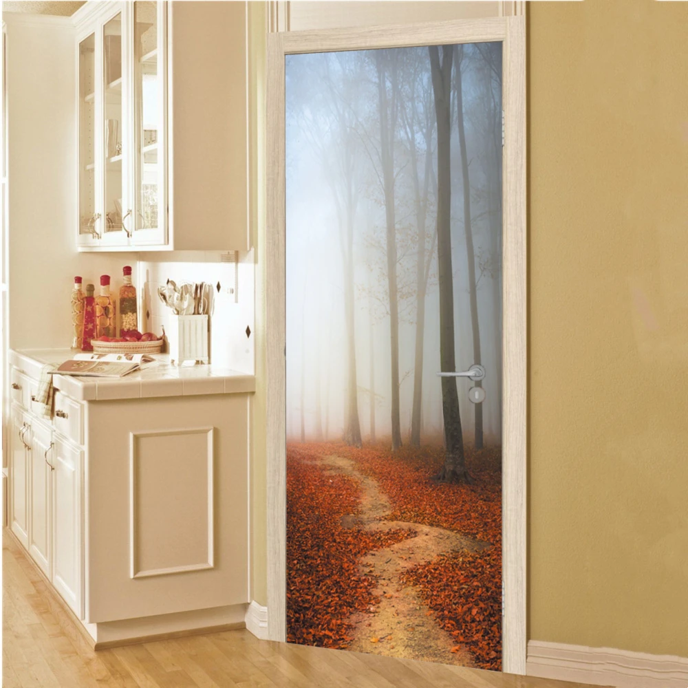 Self-adhesive Door Stickers Misty Forest Path Autumn Leaves Vinyl Fridge Cover Decal Peel and Stick Wallpaper for Home Decor