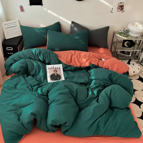 Green Orange Duvet Cover Modern Fashion Solid Color Bedding Set,3pcs Comforter Cover Polyester Quilt Cover with 2 Pillowcases