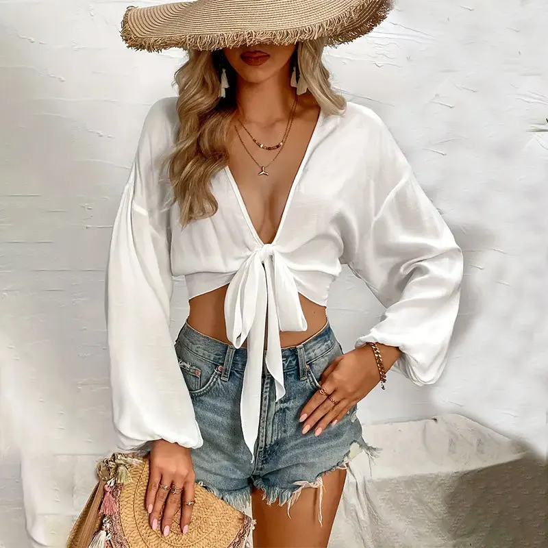 

Summer New Women's Fashion Casual Beach Short Cover Sexy Versatile Vacation Style Lace Up Hollow Cardigan Sun Protection Suit