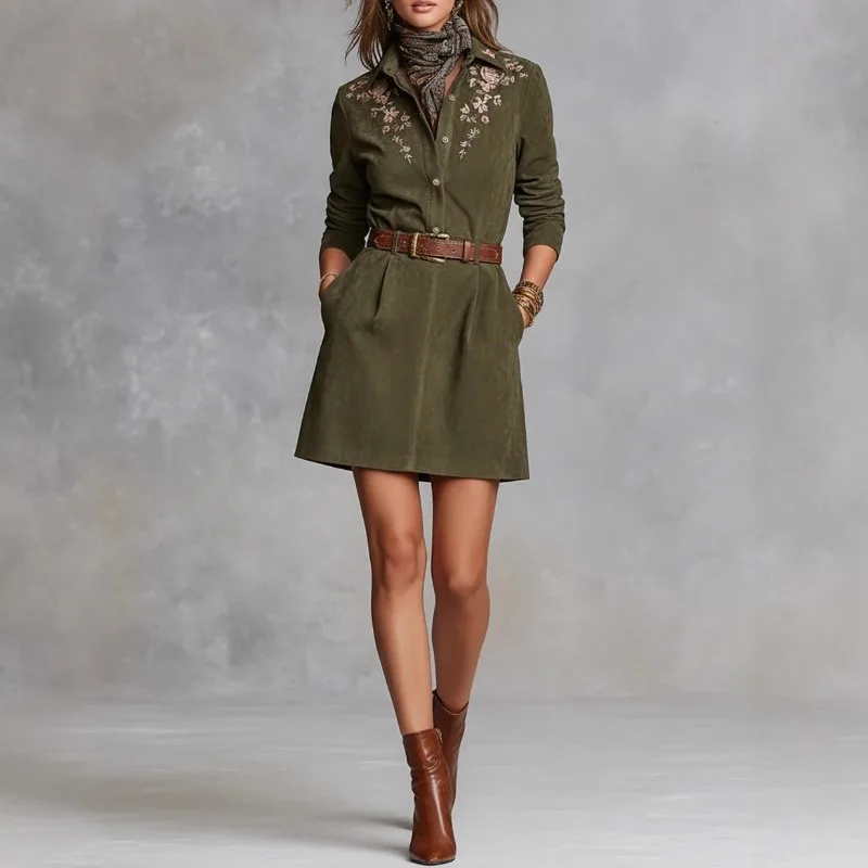 Herbst Y2K Damen bestickte Wildleder Hemdkleider Partykleid Vintage Western Cowboy Kleidung lose lässige Streetwear mit Gürtel