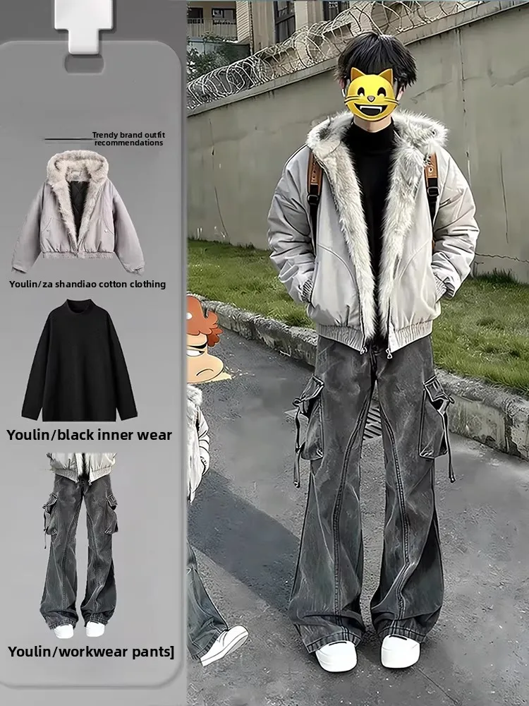 

Теплая куртка с капюшоном на флисовой подкладке и меховой отделкой для мужчин, хлопковое пальто, молодежная модная повседневная одежда, зимняя верхняя одежда