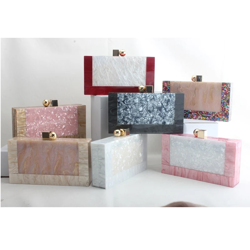 Contrast Color Acrylic Box Bags Hard Surface Women Elegant Shoulder Bags Rectangle Clutches Wedding Fashion Party Purse