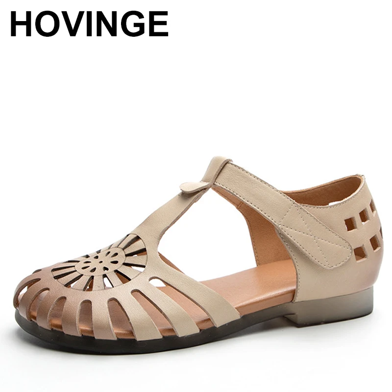 Retro Summer Women Shoes Perforated Hollowed-out Hand-woven Flower Flat Women's Sandals Genuine Leather Shoes