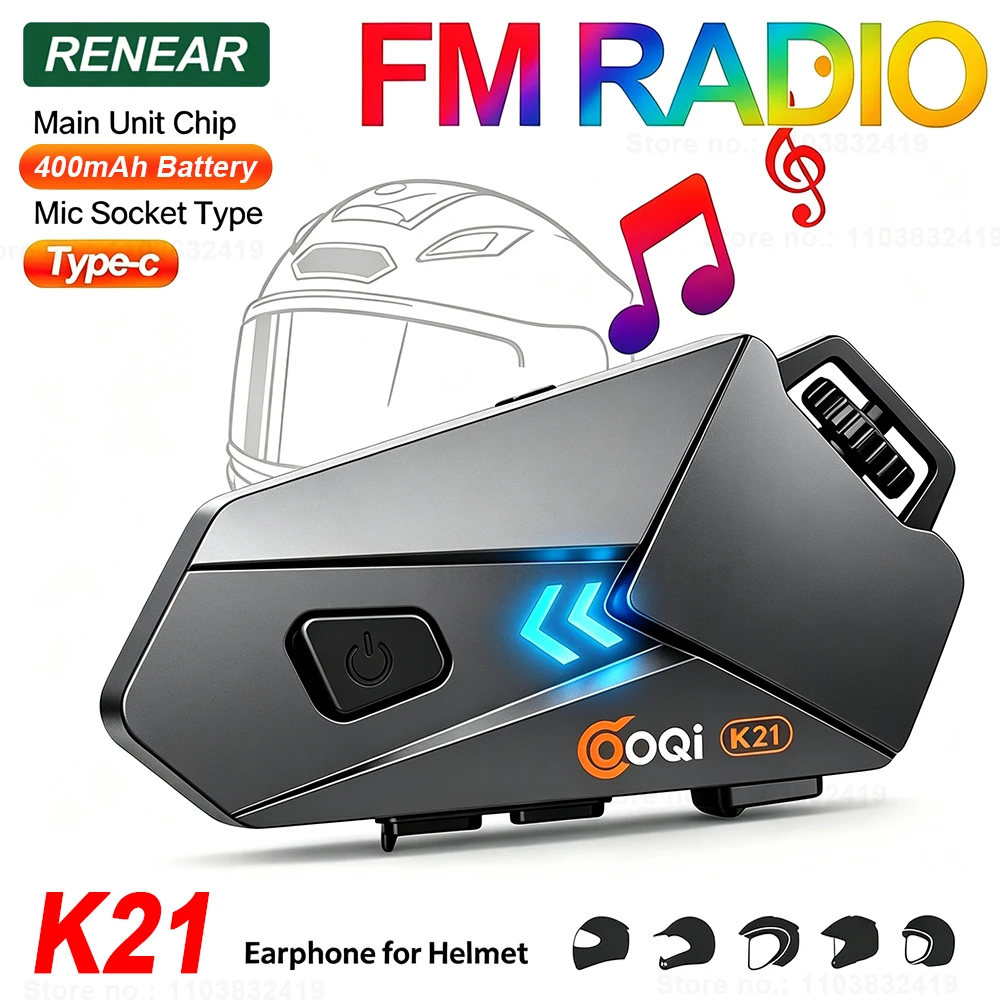 K21 Helmet Bluetooth Headset FM Radio Wireless For Motorcycle Headphones Waterproof Knob Audio Stereo Helmet Headset No Intercom