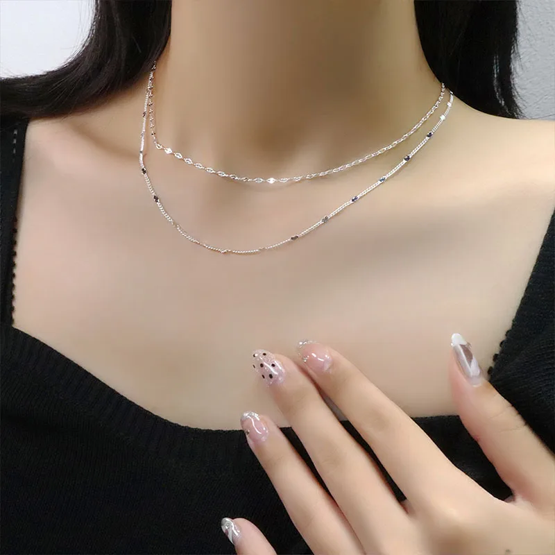 925 Sterling Silver Shiny Double-Layer Heart Necklace Fashionable Temperament Collarbone Chain Birthday Jewelry Gift Wholesale