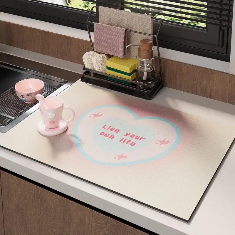 VIKAMA Pink Heart Gradient Kitchen Counter Mat Absorbent Dish Drying Mat Non Slip Quick Dry Anti Slip Coffee Bar Sink Decor Pad