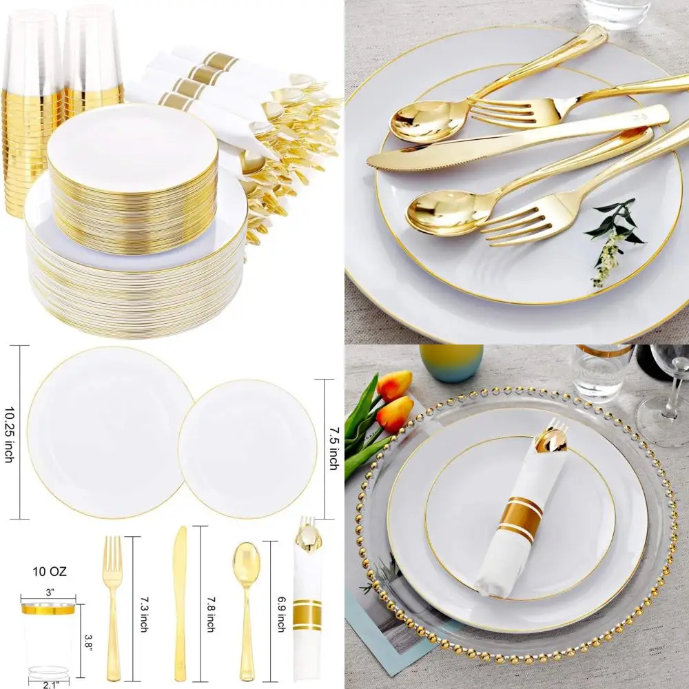 

Disposable Dinnerware Set with 350 Pieces, Gold Plates, Dessert Plates, and Silverware for Parties and Events
