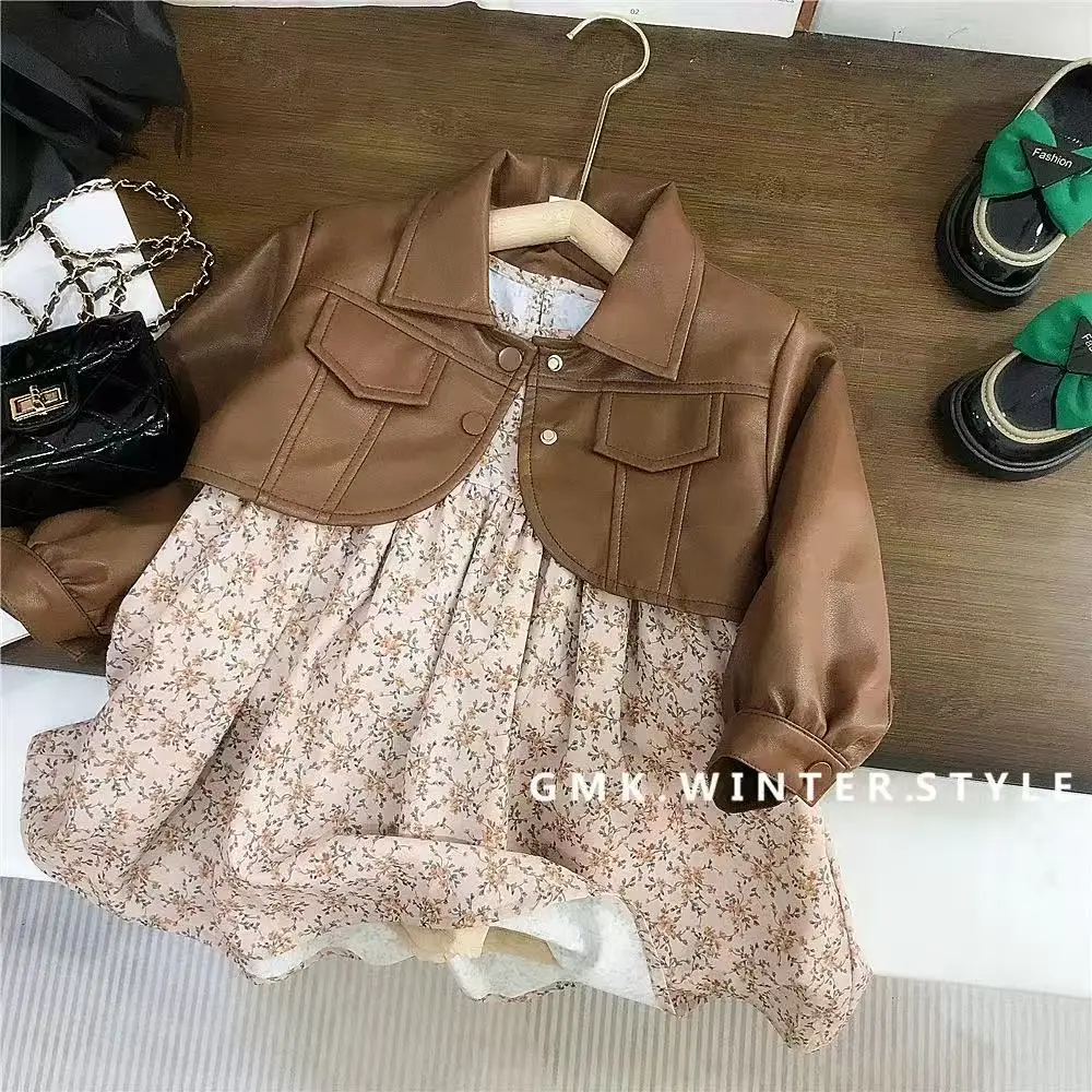 

Girls Trendy 2 Piece Set Faux Leather Jacket with Floral Dress Spring Autumn Outfit for 90-140cm
