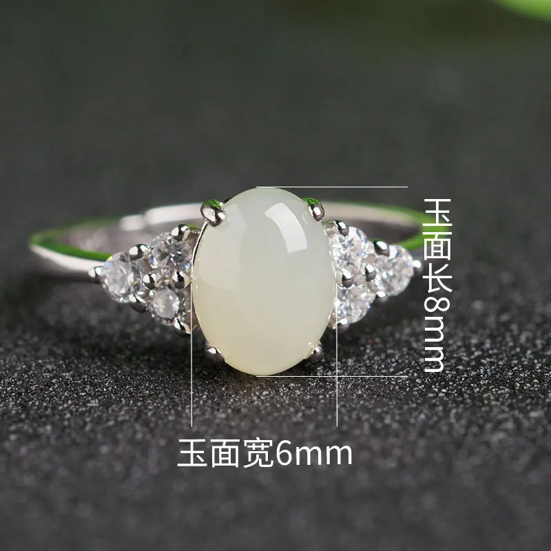 925 Silver Inlaid With White Open Women, Natural Jadeite Jewelry, Adjustable Hetian Jade Ring