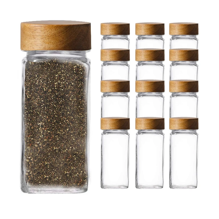 

Luxury Clear 12 Pieces 4oz 120ml Small Square Shakers Acacia Wood Glass Container Bottle Jar Set with Screw Lid for Spices