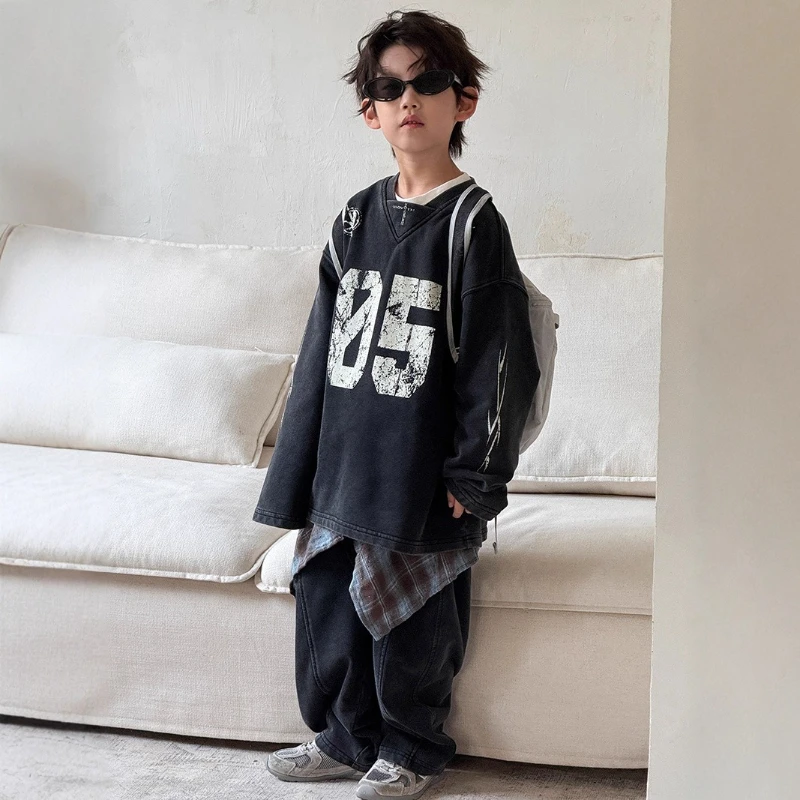 2025 New Children's Autumn Heavy duty Laundry Fashionable V-neck Letter Printed Pattern Hoodie