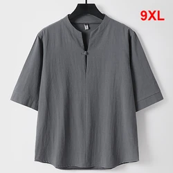 Summer Linen T-shirt Men Plus Size 9XL Linen Tees Tops Male Fashion Casual Solid Color Three-quarters Sleeve Tshirt Big Size 9XL