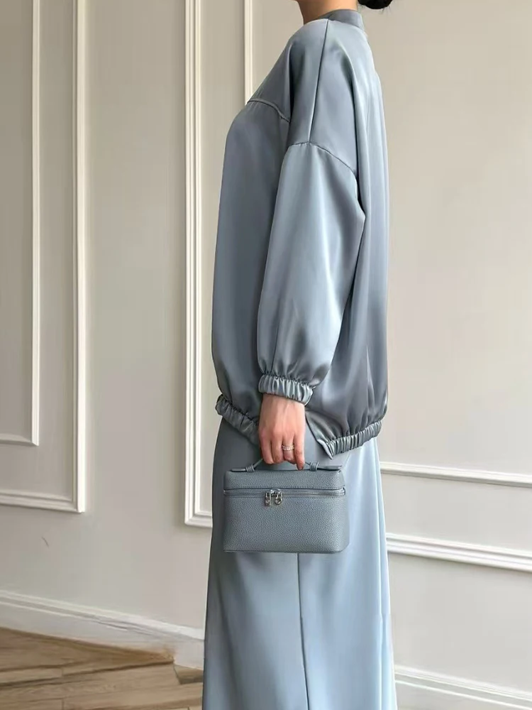 우아한 여성용 솔리드 슬림 투피스 세트 패션 하이웨이스트 스커트 세트 캐주얼 스탠드 칼라 긴팔 지퍼 코트&하프 스커트 세트