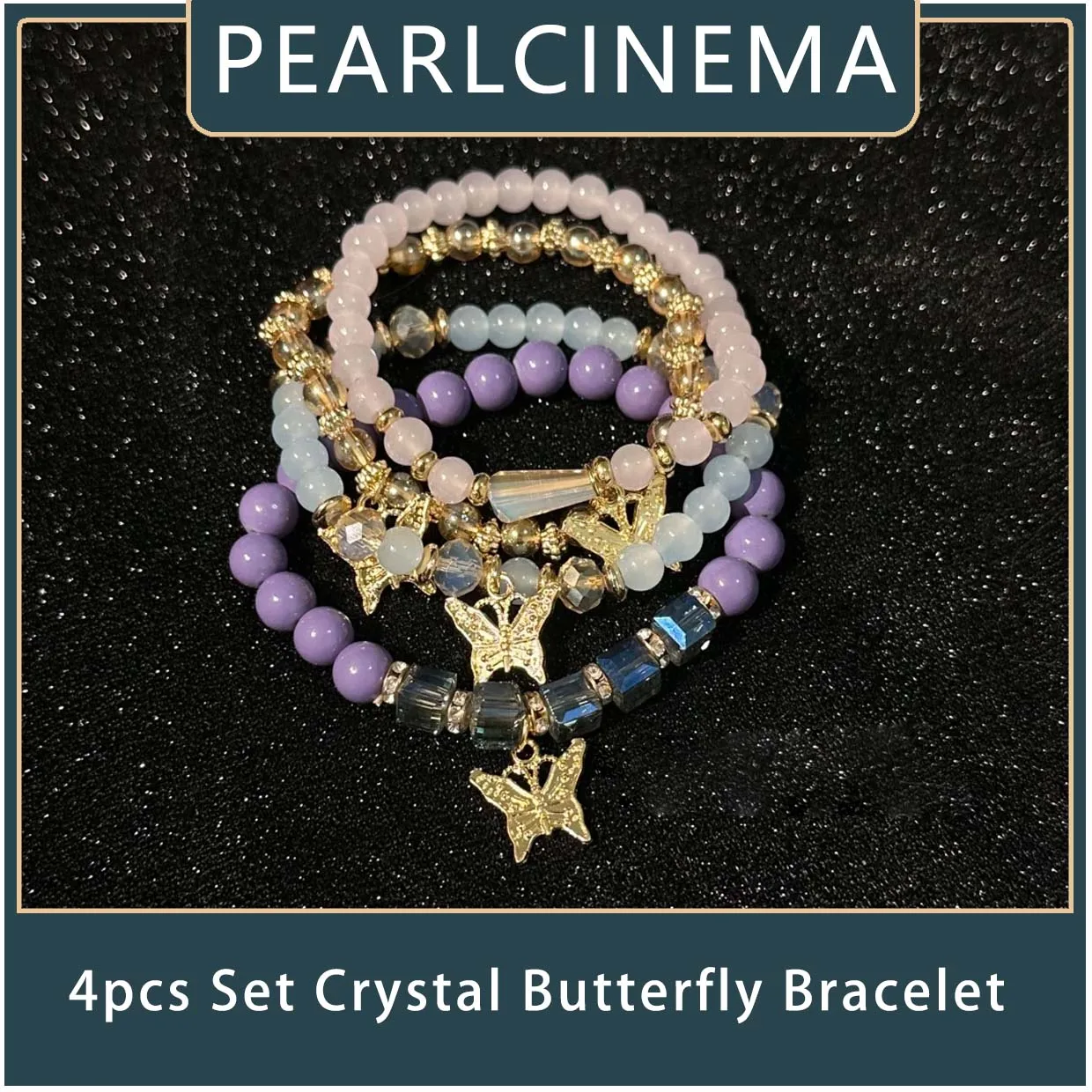 

PEARLCINEMA 4pcs Set Bohemia Exquisite Acrylic Beaded Crystal Butterfly Bracelet for Women Charm Multilayer Pearl Bangle Jewelry