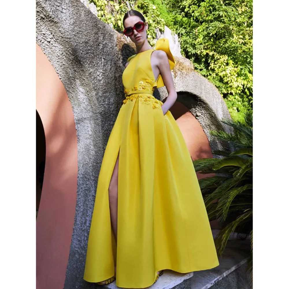 Yellow Evening Dresses Fashion Flowers Ruffles Sleeves A-Line Party Gowns Elegant O-Neck Side Slit Sweep Train Prom Dresses