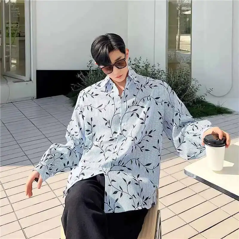 

Striped Men's Shirts Long Sleeves Korean New Fashion Leaf Printed Male Single Breasted Male Clothing Lapel Shirt 2025