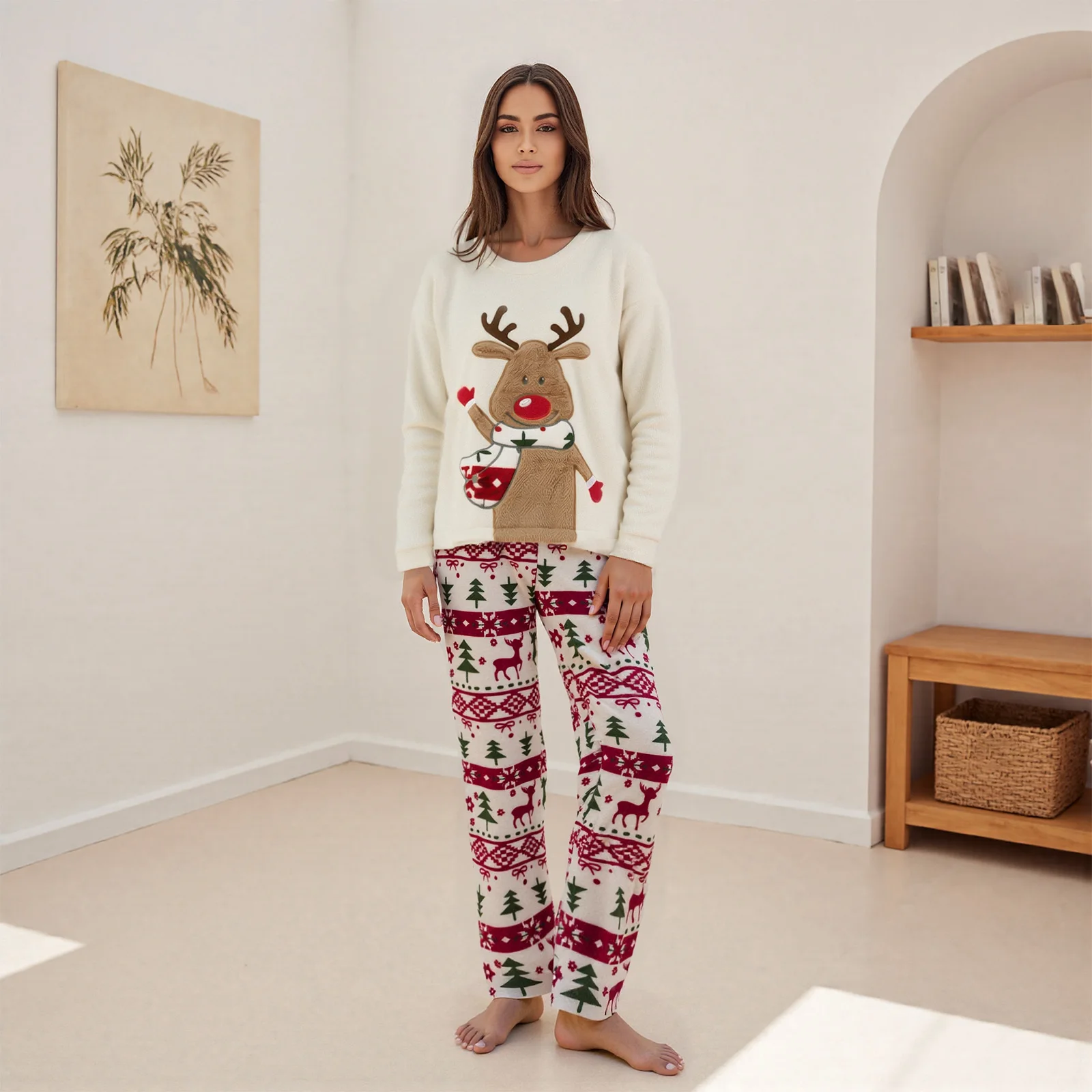 冬のクリスマス女性のフランネルパジャマセット 2026 新年クリスマストナカイ刺繍長袖トップスとパンツソフトパジャマ