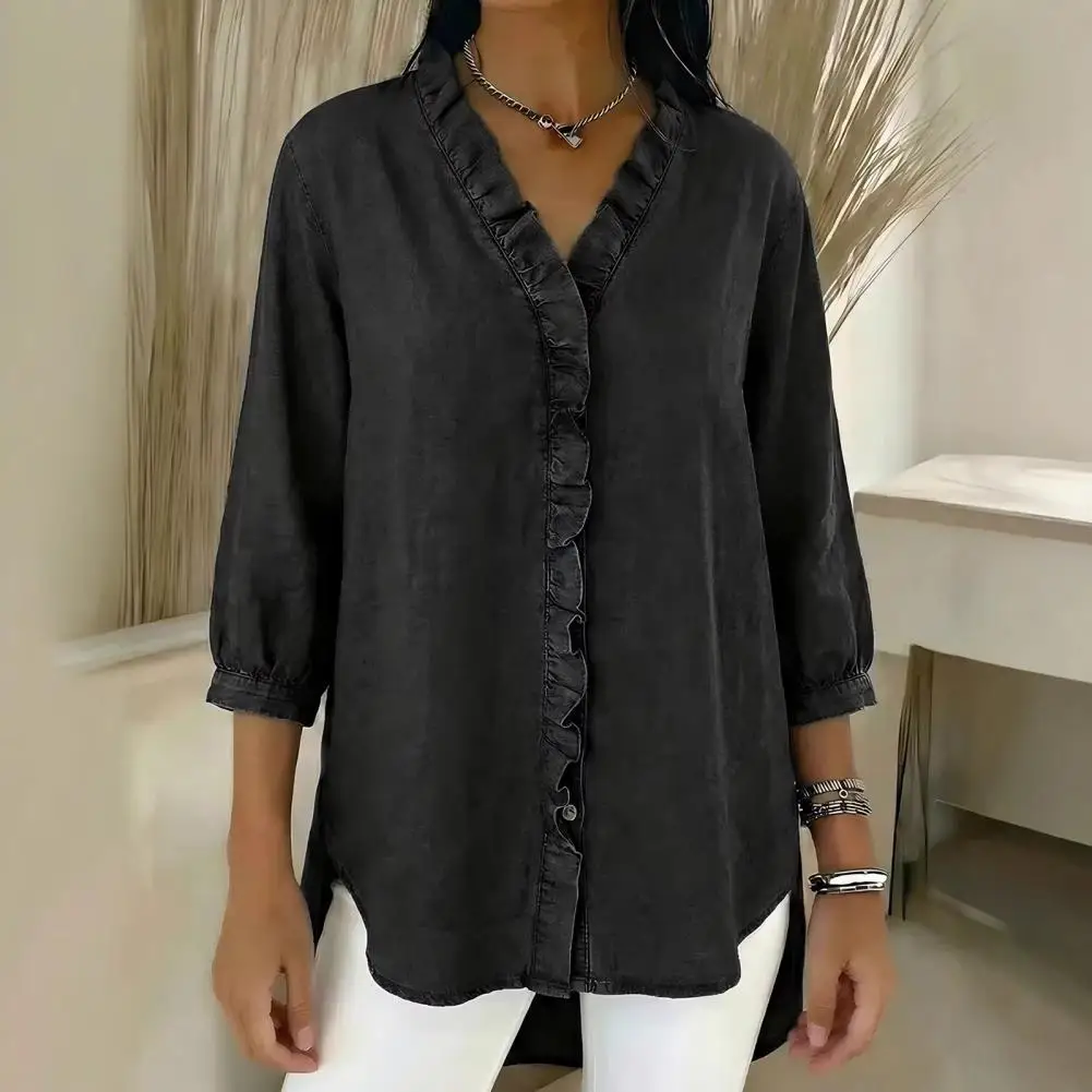 

Loose Fit Top Women’s V-neck Ruffle Trim Shirt Tops 3/4 Sleeve Blouses Loose Fit Pure Color Imitation Denim Daily Wear Shirts