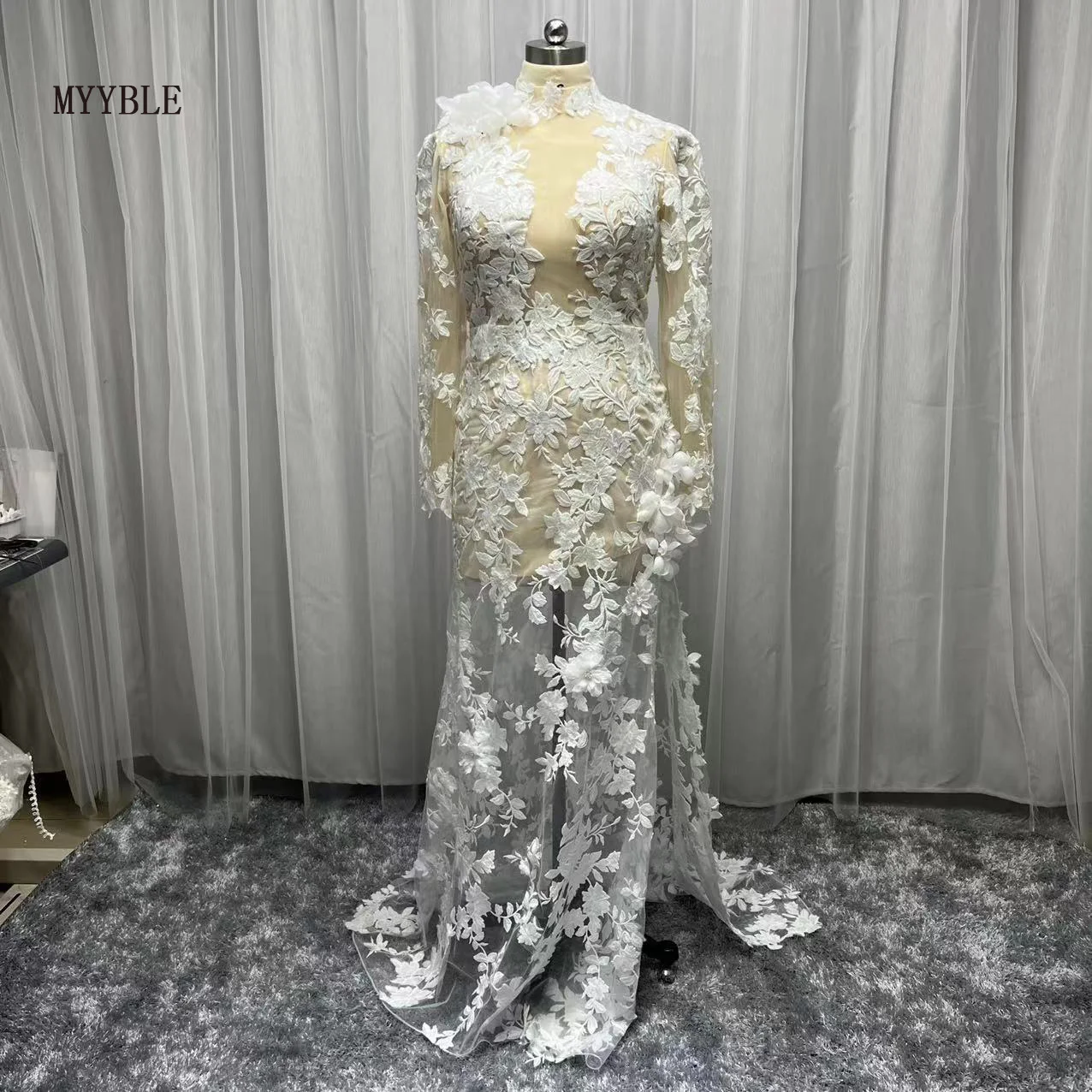 

Real Photo Arabia Mermaid Wedding Dress 2022 High Collar Side Slit Lace Appliques Long Sleeve Boho Custom Made Bridal Gown