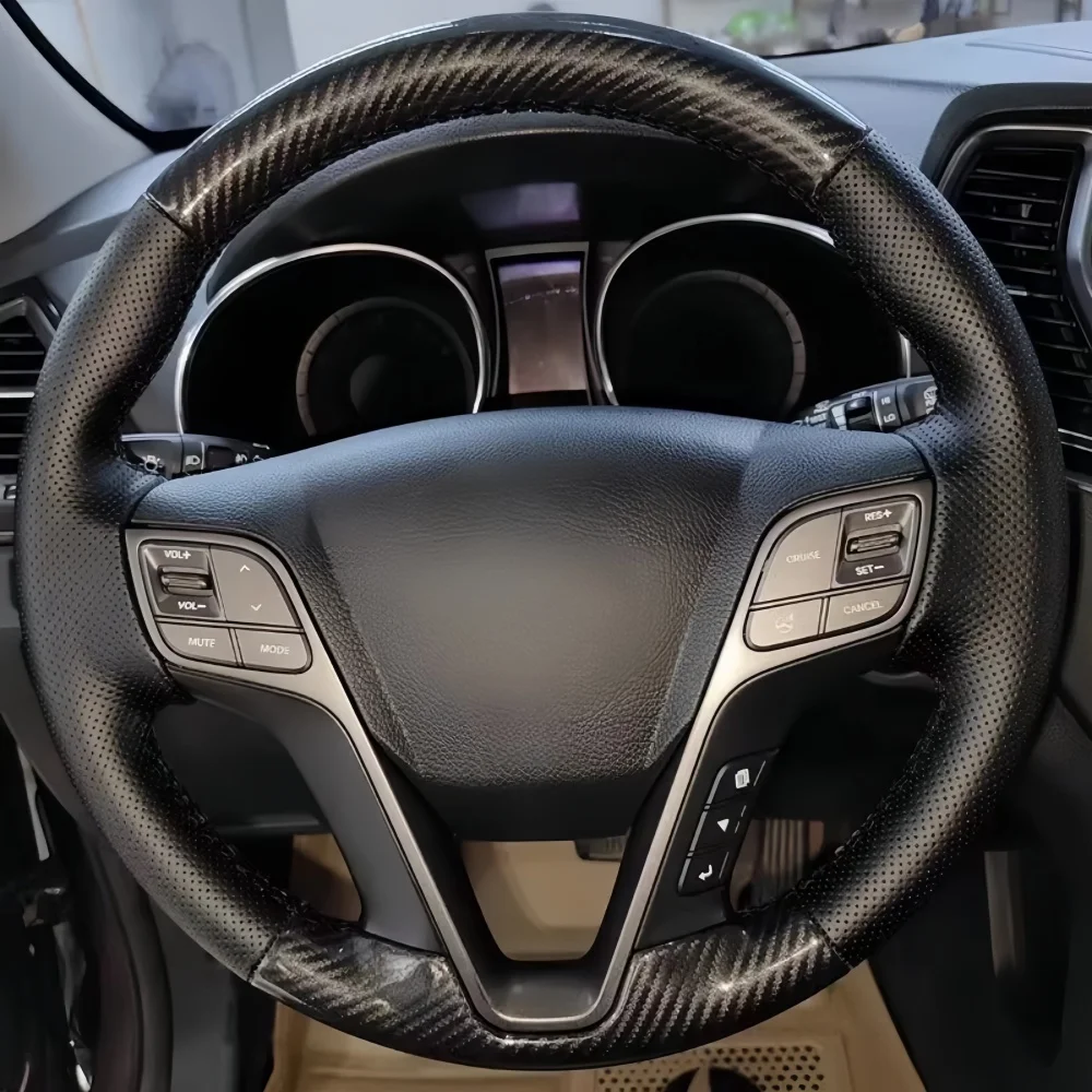 Handgenähte, verschleißfeste Carbonfaser-Leder-Lenkradabdeckung 2013-2018 Hyundai Grand IX45 für Hyundai Santa Fe.