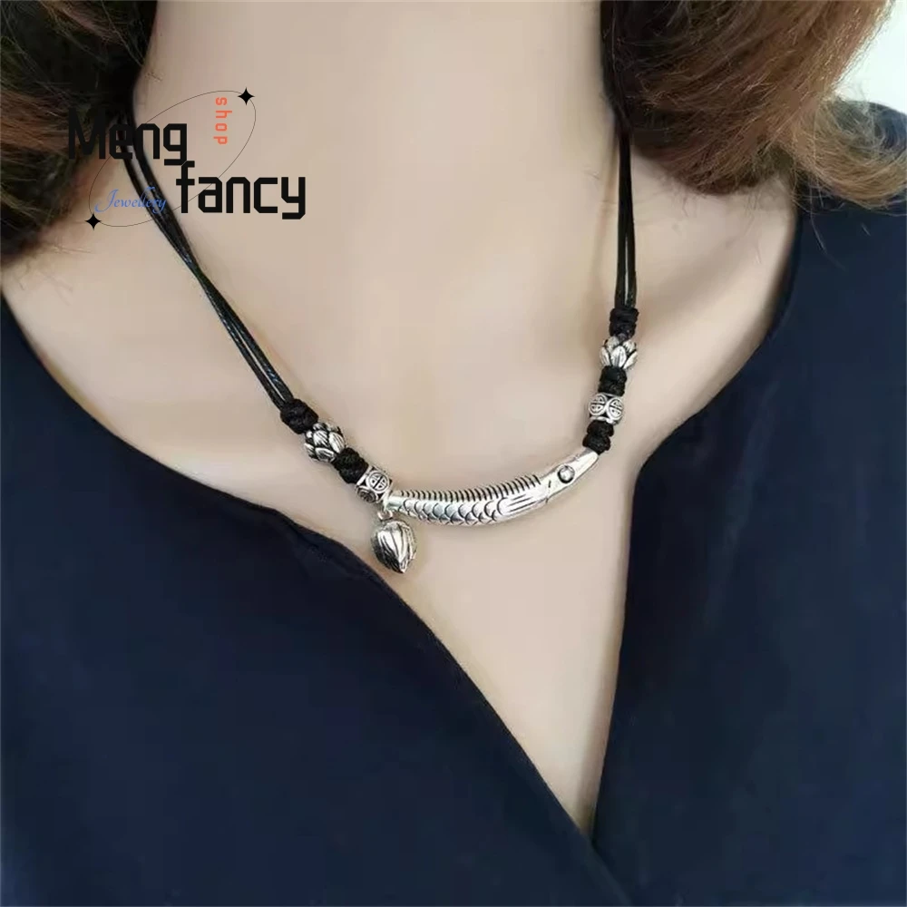 

Fish Black Rope Necklace Bracelet, Oil Wax Rope, Adjustable Length Collarbone Chain Luxury Quality Fashion Exquisite Jewelry